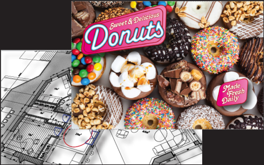 A photo of a colorful print of donuts